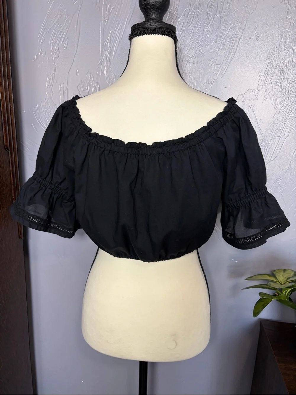 Tory Burch Black Off-Shoulder Embroidered Peasant Crop Top